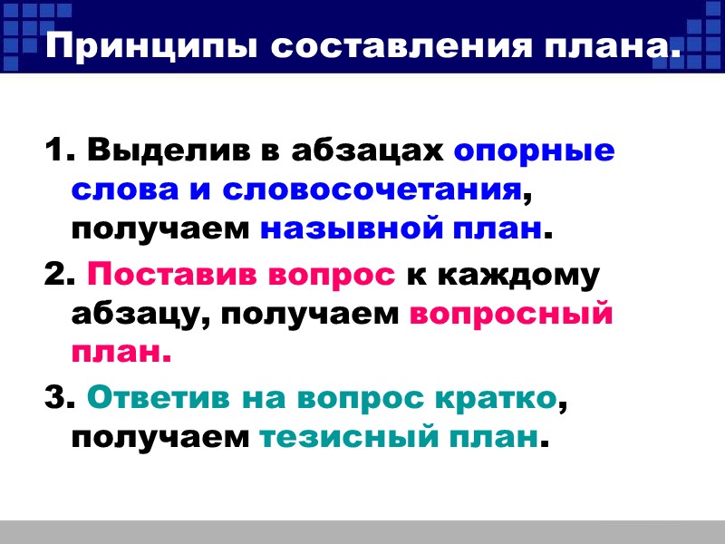 Принципы составления плана. 1. Выделив в абзацах опорные слова и словосочетания, получаем назывной план.